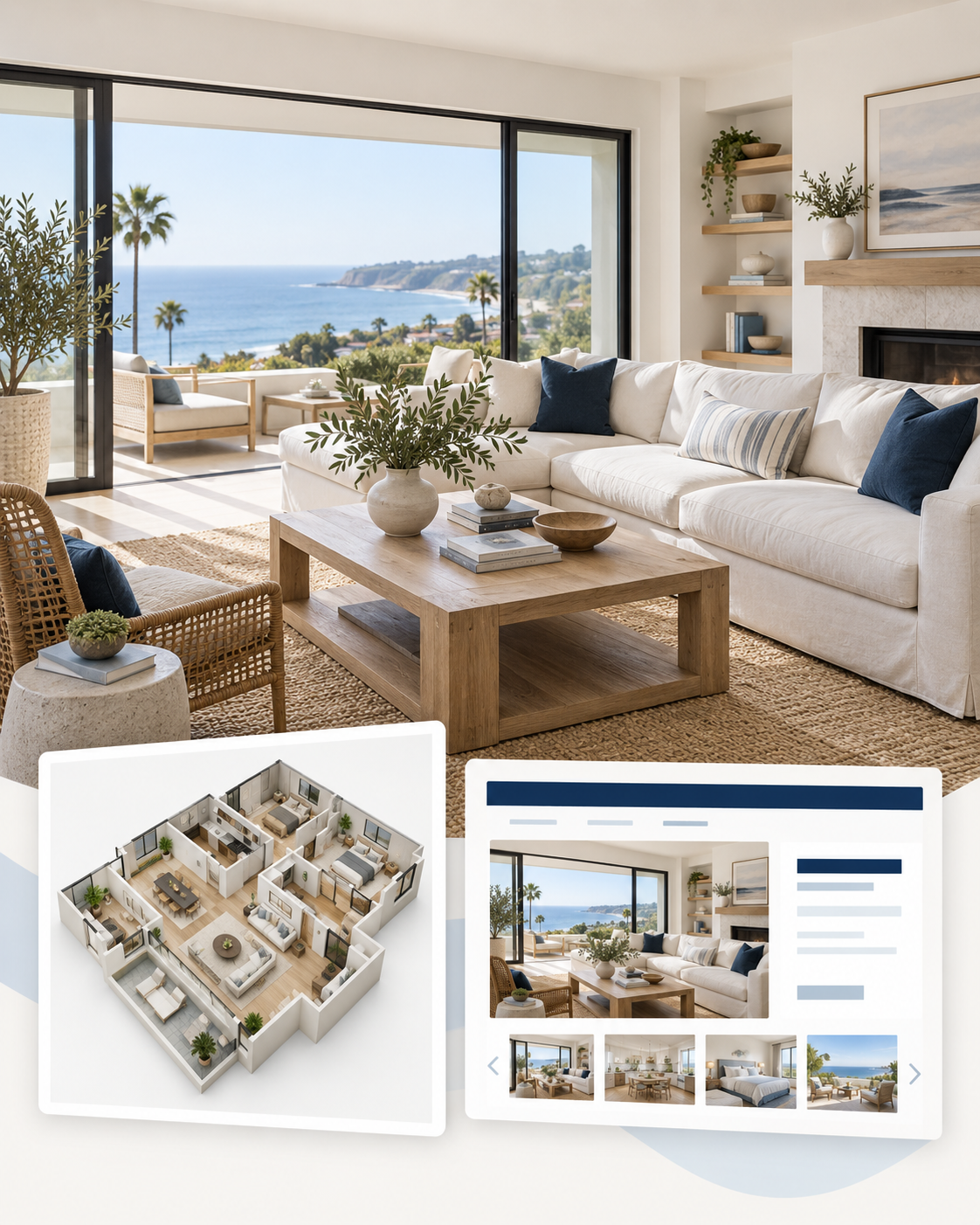 Conceptual illustration of property media services: a coastal interior, a 3D dollhouse view and a listing webpage